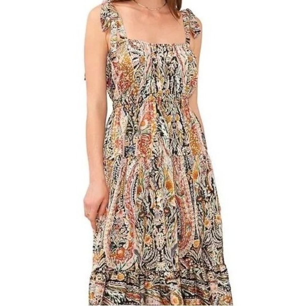 1.STATE Midi Dress Paisley Smocked Tiered Women Medium Tie Strap Boho Fall Print
